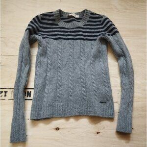 Tory Burch Sweater Women's XS Grey Wool Cable Knit Striped Crewneck Pullover